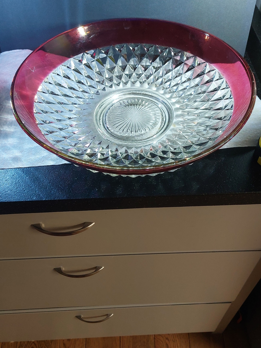Vintage Indiana Diamond Clear Cut Glass Serving Bowl Ruby Red Rim